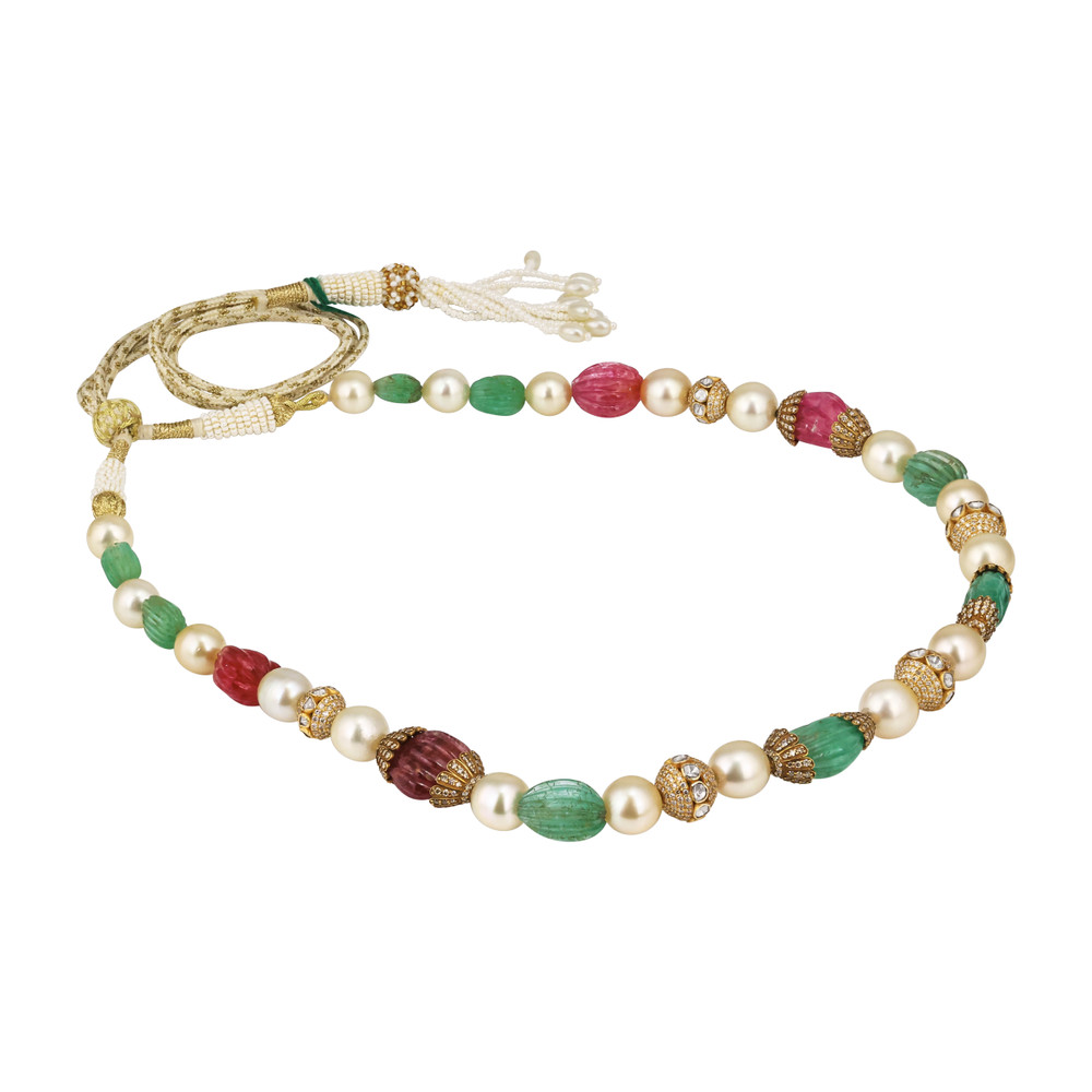 Carved Emerald and Ruby Necklace with Pearl and Diamond Accents