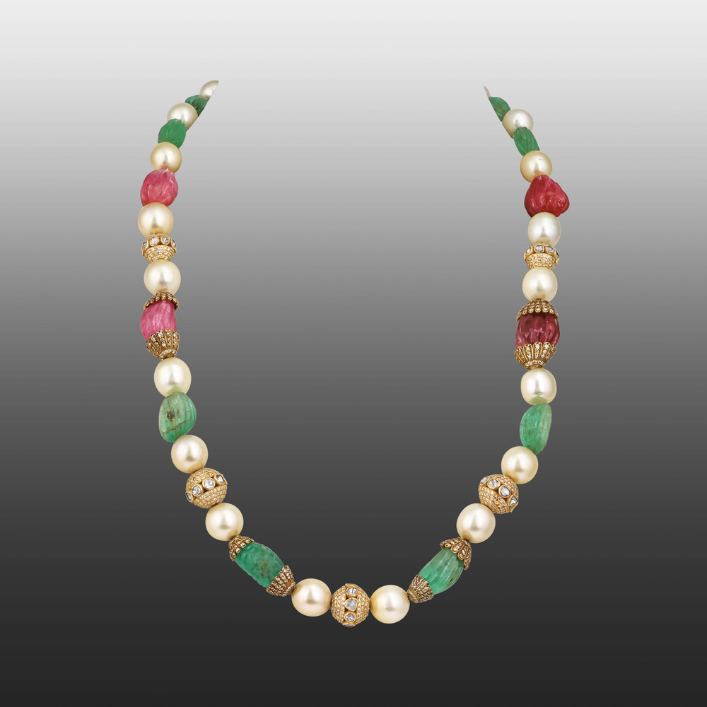 Carved Emerald and Ruby Necklace with Pearl and Diamond Accents