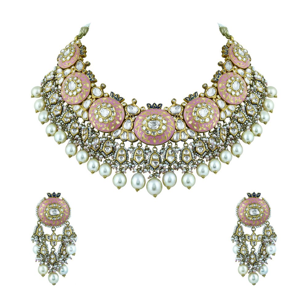 Pink Enamel Necklace Set with Uncut Diamond Polkis & Pearls