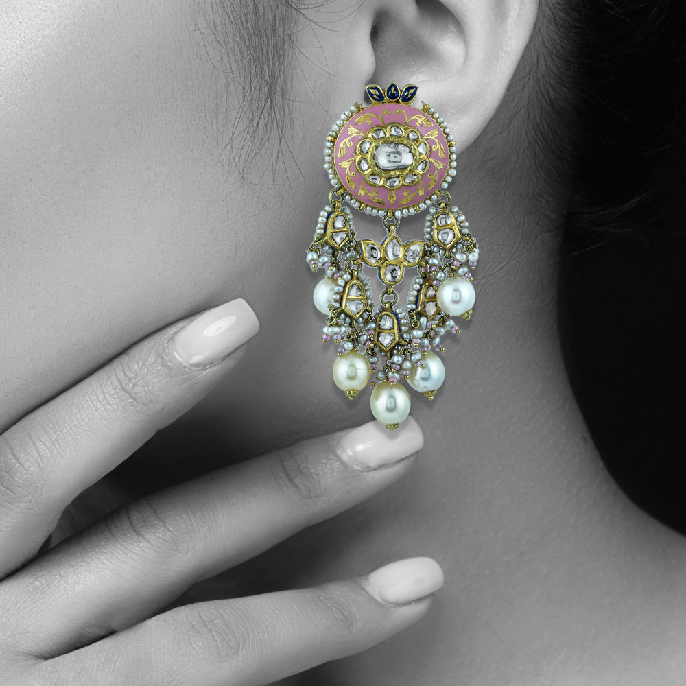 Pink Enamel Necklace Set with Uncut Diamond Polkis & Pearls