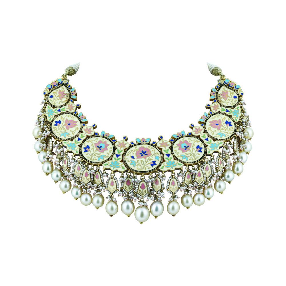 Pink Enamel Necklace Set with Uncut Diamond Polkis & Pearls