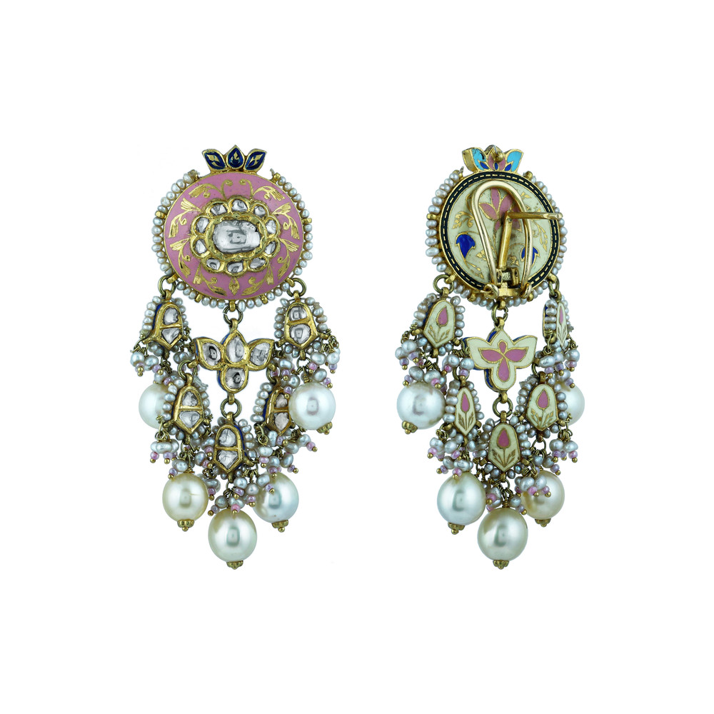 Pink Enamel Necklace Set with Uncut Diamond Polkis & Pearls