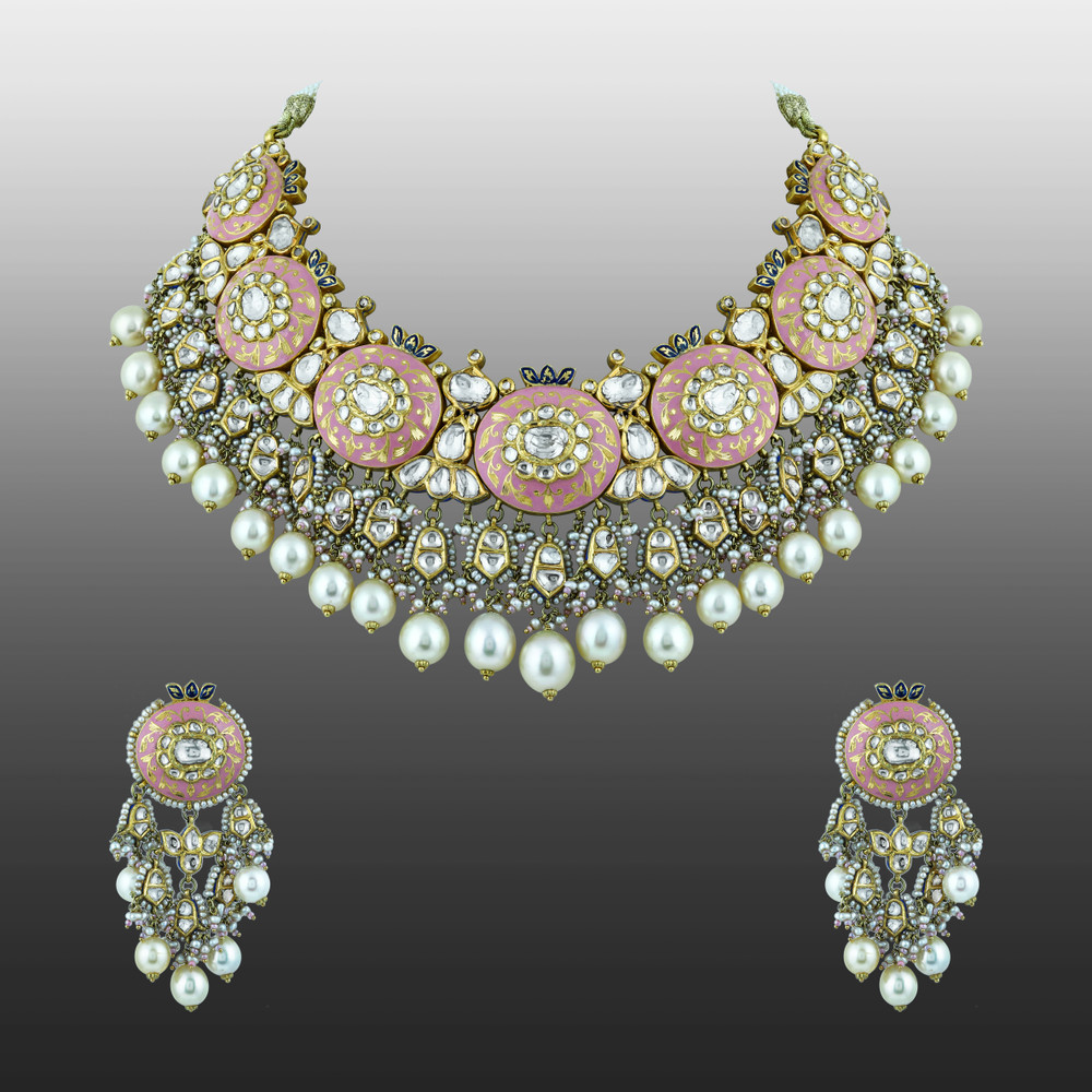 Pink Enamel Necklace Set with Uncut Diamond Polkis & Pearls