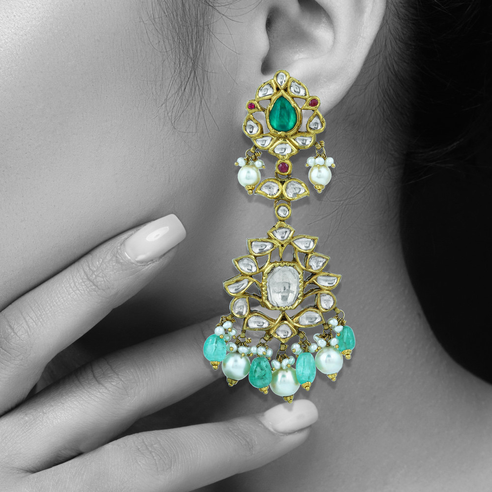 Uncut Diamond Polki Necklace Set with Emerald ,Ruby and Pearls