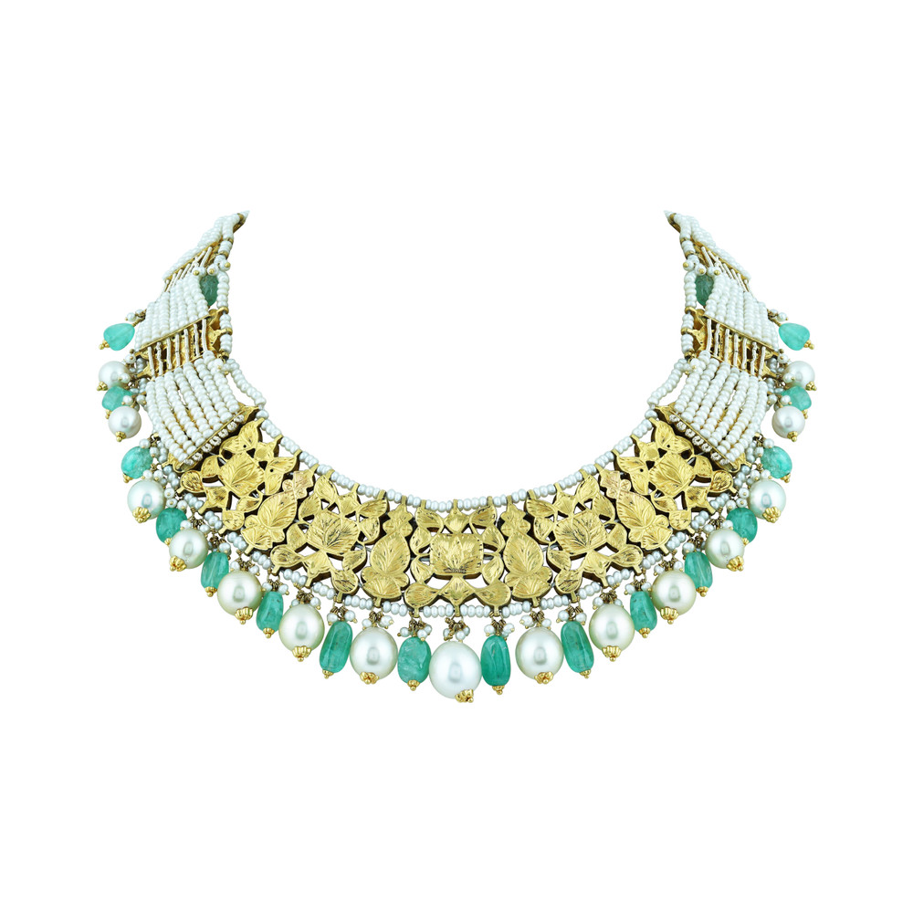 Uncut Diamond Polki Necklace Set with Emerald ,Ruby and Pearls