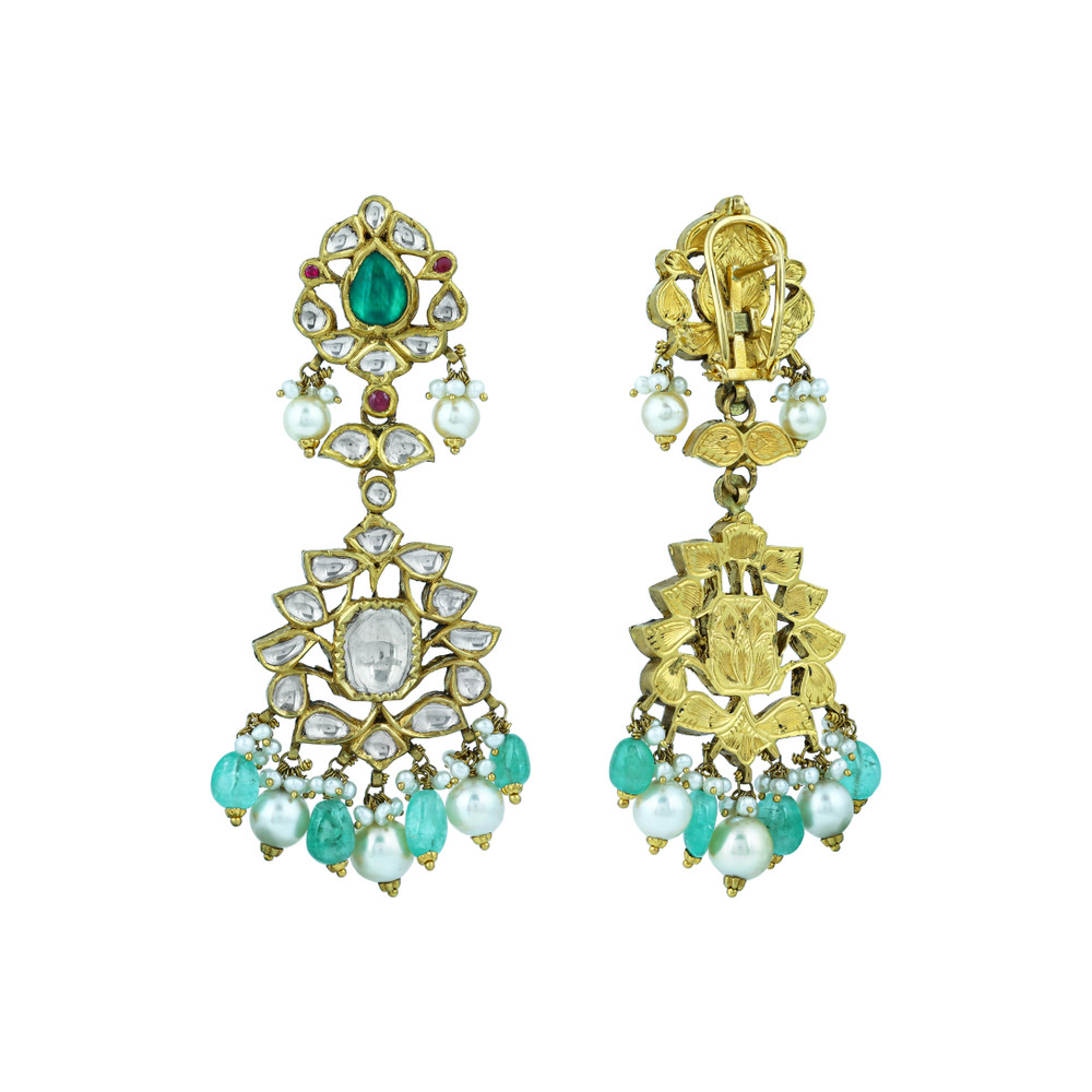 Uncut Diamond Polki Necklace Set with Emerald ,Ruby and Pearls