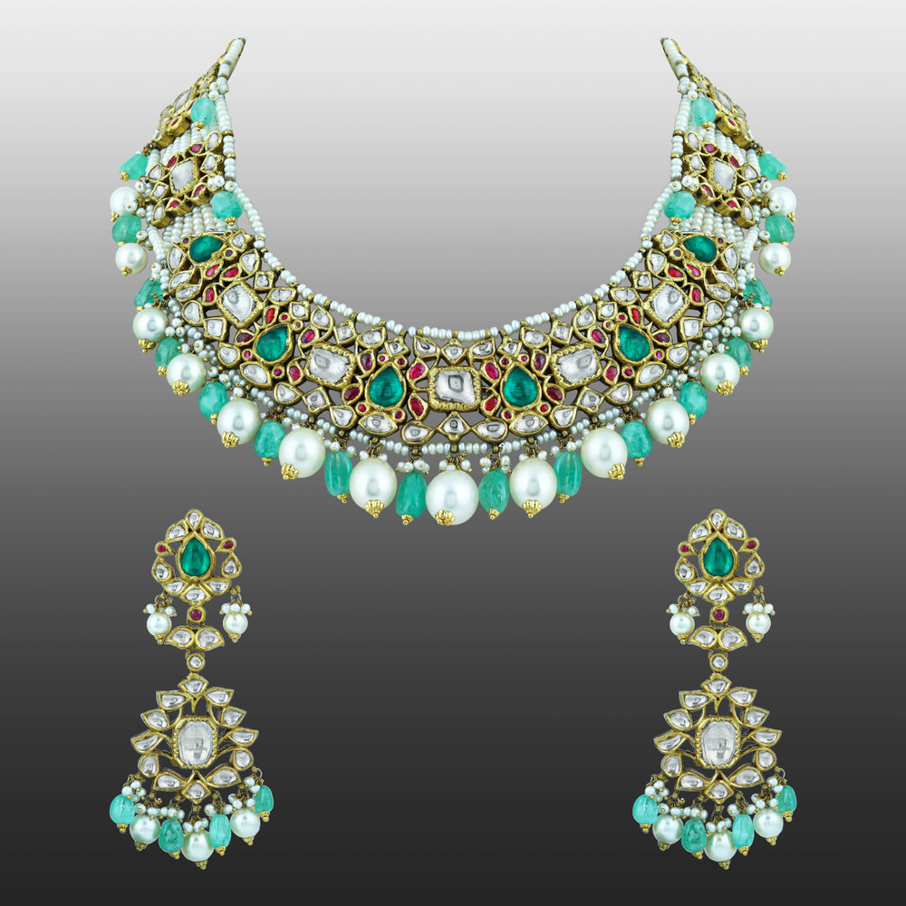 Uncut Diamond Polki Necklace Set with Emerald ,Ruby and Pearls