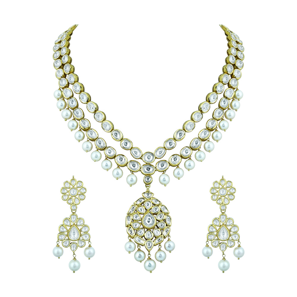 Double-Layer Necklace Pendant Set with Polkis and Pearls