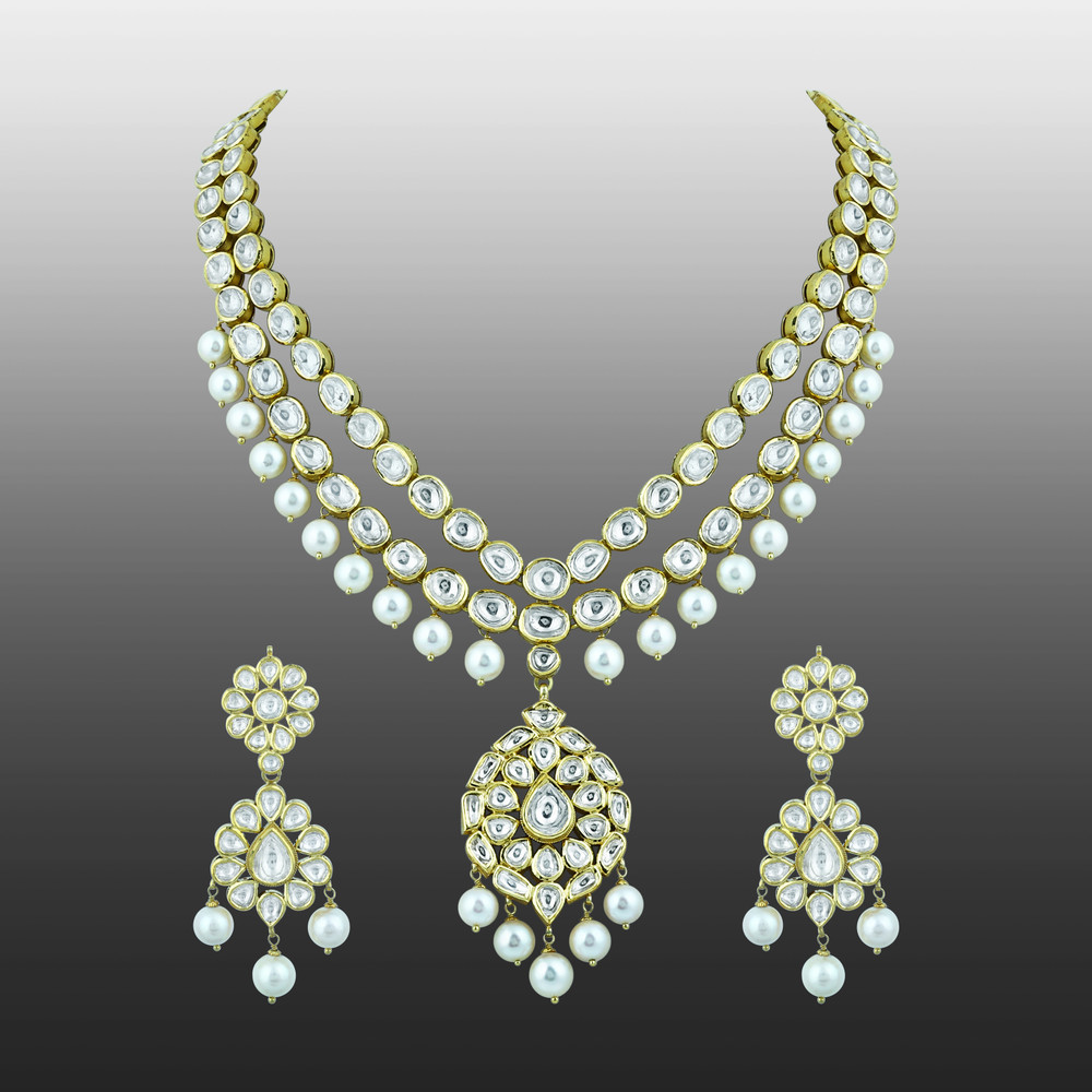 Double-Layer Necklace Pendant Set with Polkis and Pearls