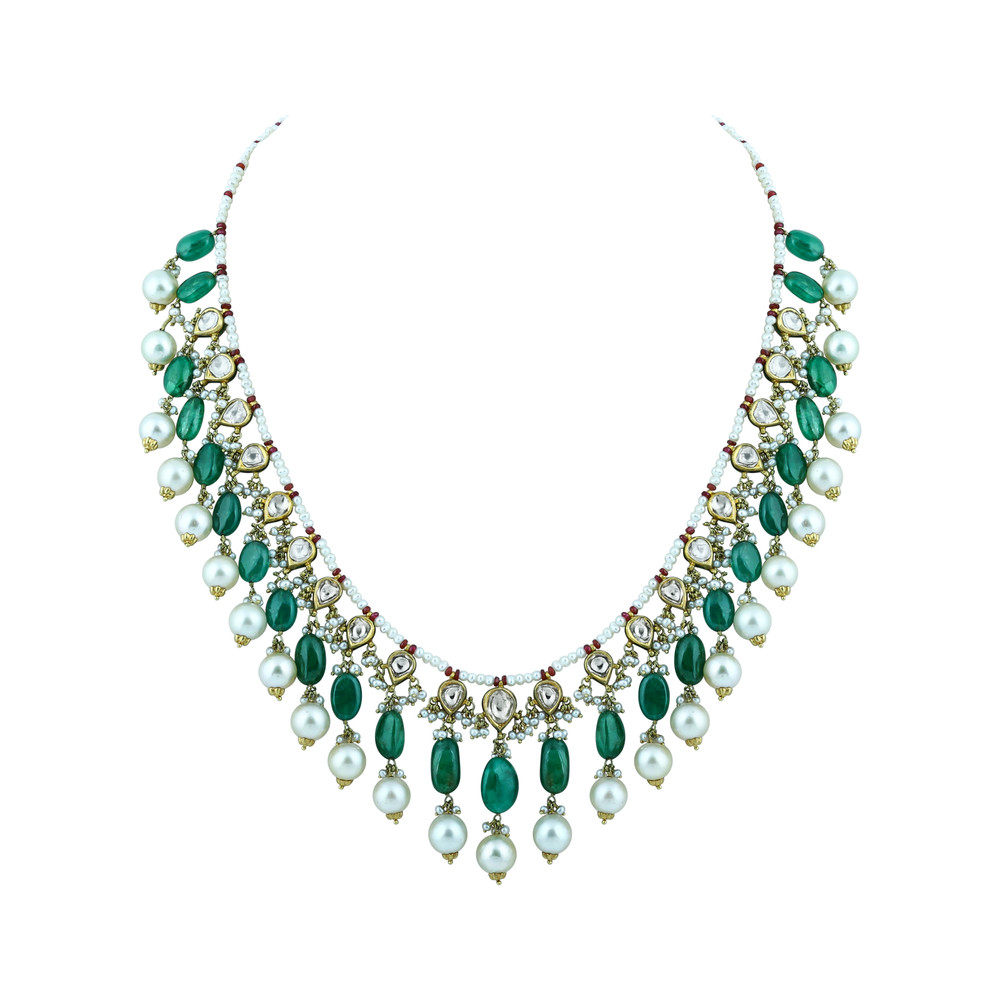 Diamond Polki Necklace with Emerald and Pearls
