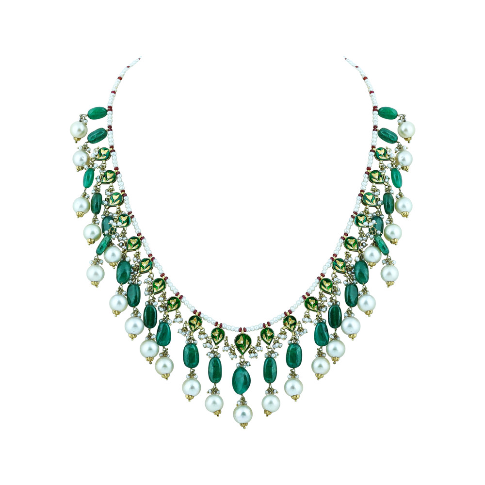 Diamond Polki Necklace with Emerald and Pearls