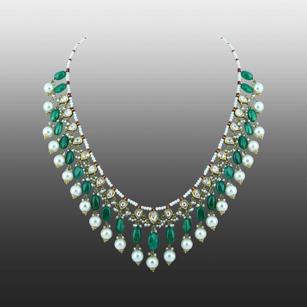 Diamond Polki Necklace with Emerald and Pearls