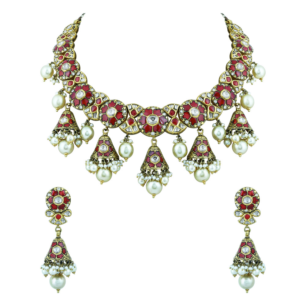Red Talaf and Pearl Necklace Set with Partash work