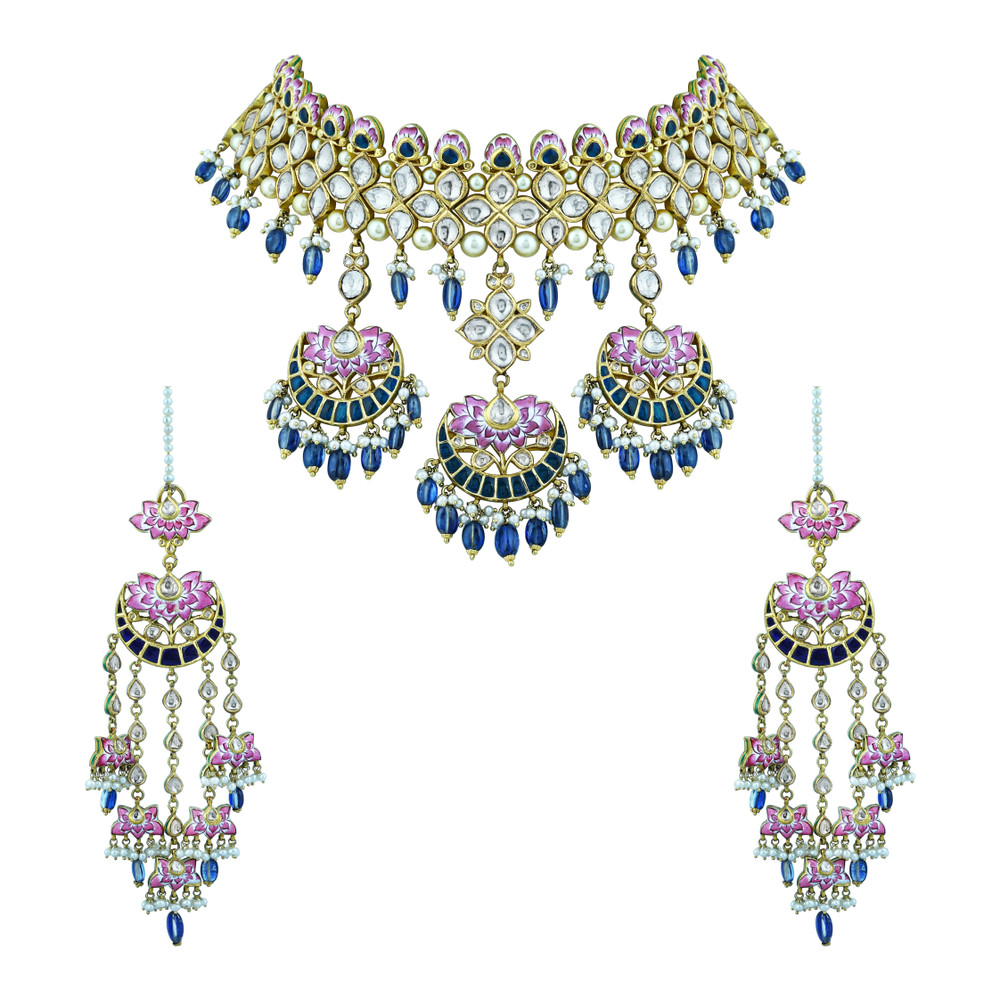 Lotus Enamel Choker Set with Polkis and Blue Kinite Beads