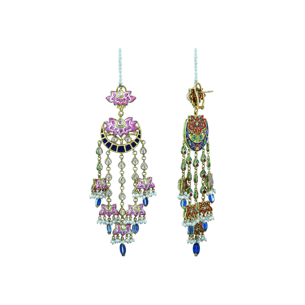Lotus Enamel Choker Set with Polkis and Blue Kinite Beads