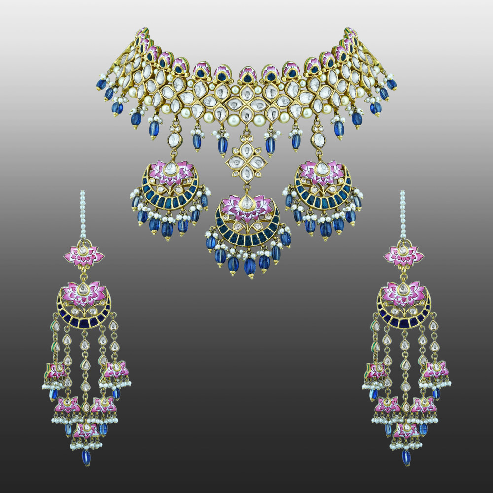 Lotus Enamel Choker Set with Polkis and Blue Kinite Beads