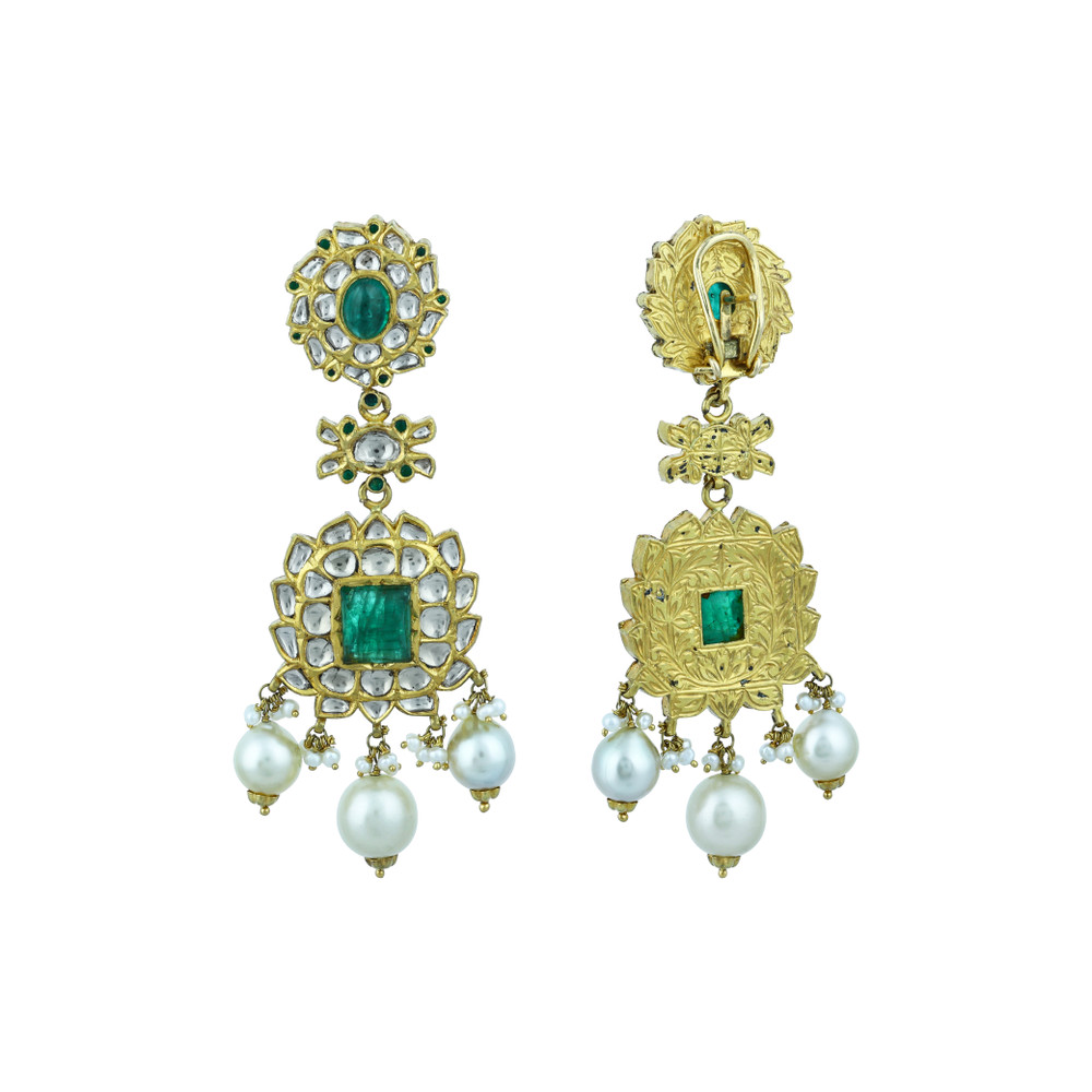 Triple-Line Necklace Set with Polkis, Emerald Pendant & Pearls