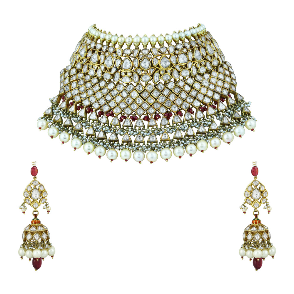 Layered Choker Set with Red Accents and Polki Lattice