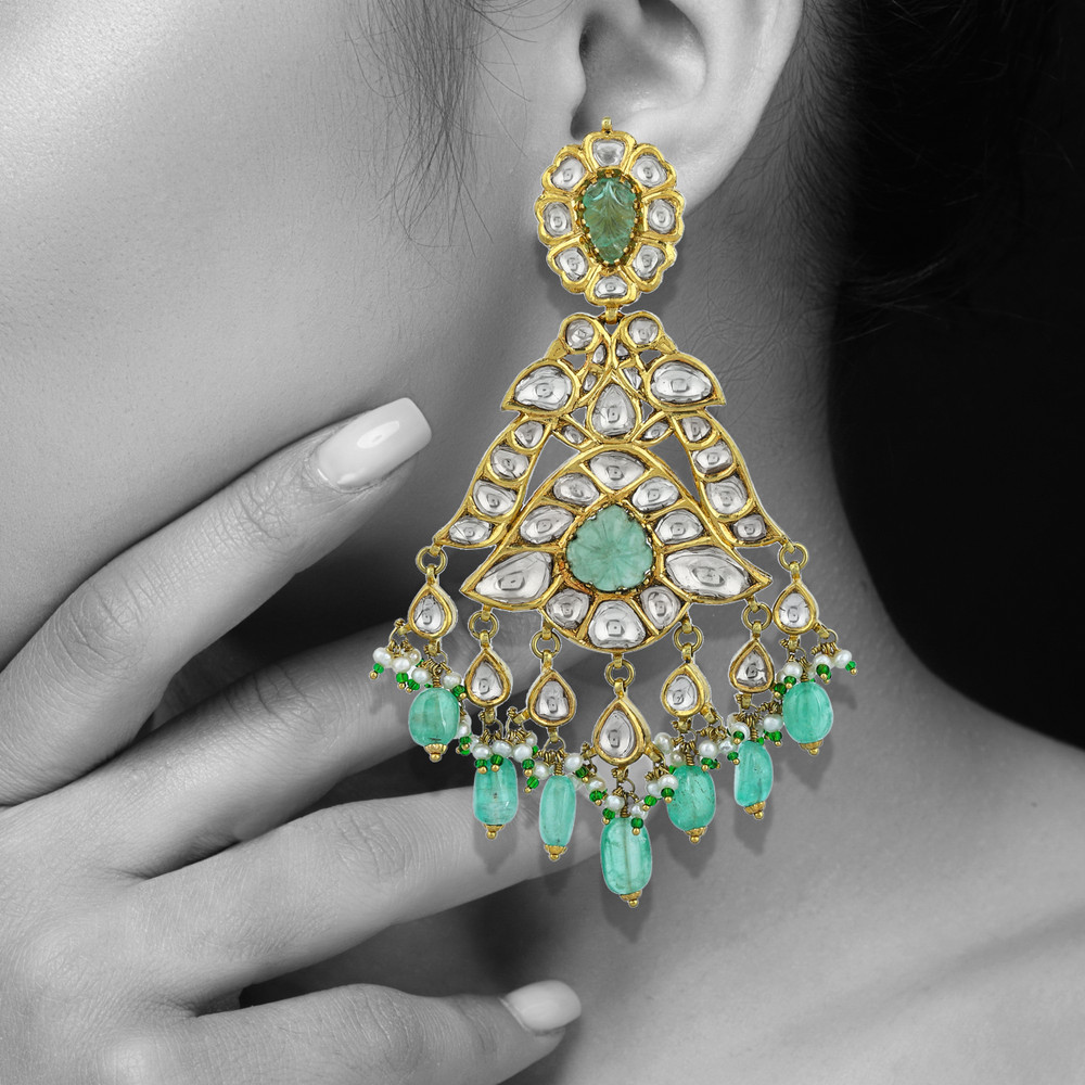 Chandbali Choker Set with Polki, Green Beads, and Drops