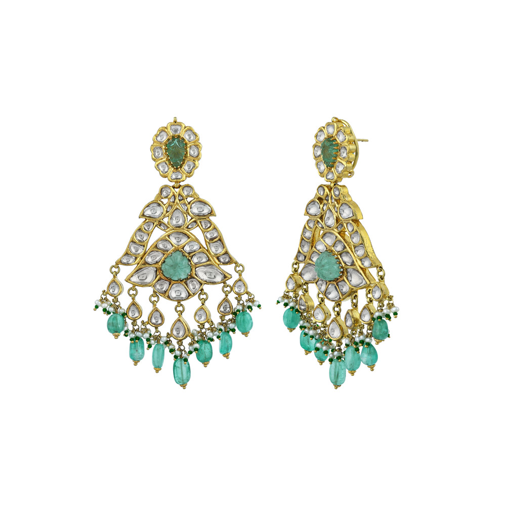 Chandbali Choker Set with Polki, Green Beads, and Drops