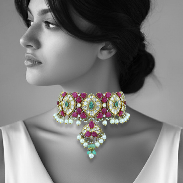 Ruby, Diamond & Emerald Choker Set with Pearl Drops