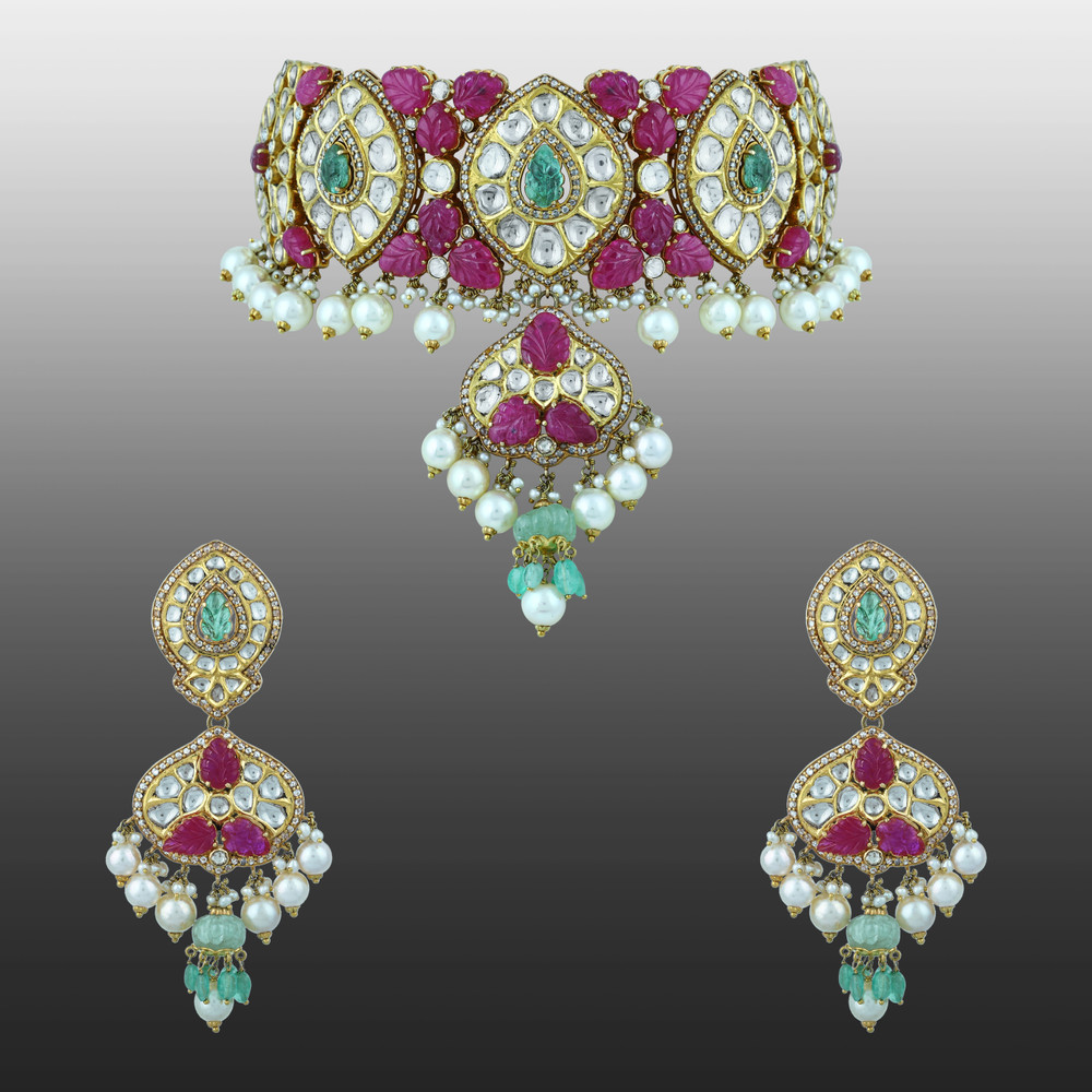 Ruby, Diamond & Emerald Choker Set with Pearl Drops