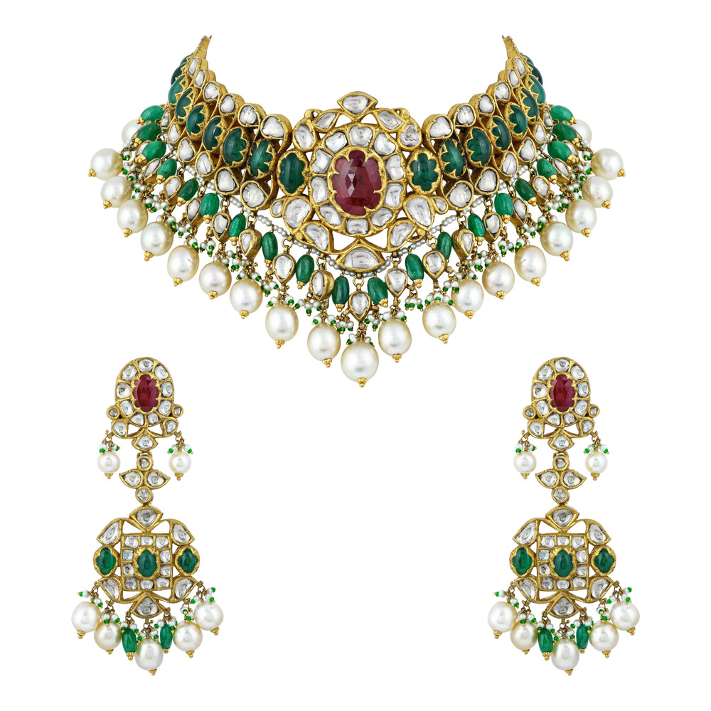 Red and Green Floral Cabochon Choker Set with Pearl Drops