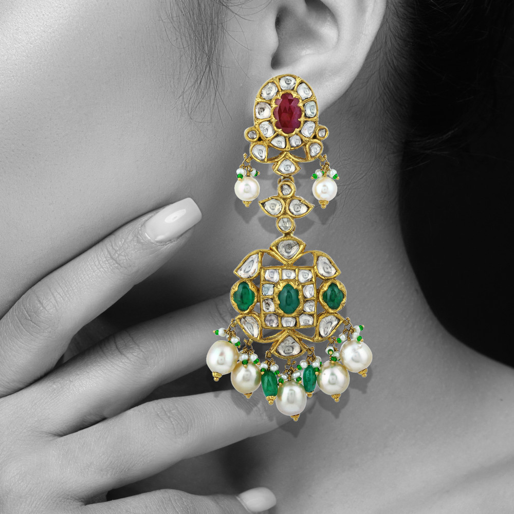 Red and Green Floral Cabochon Choker Set with Pearl Drops