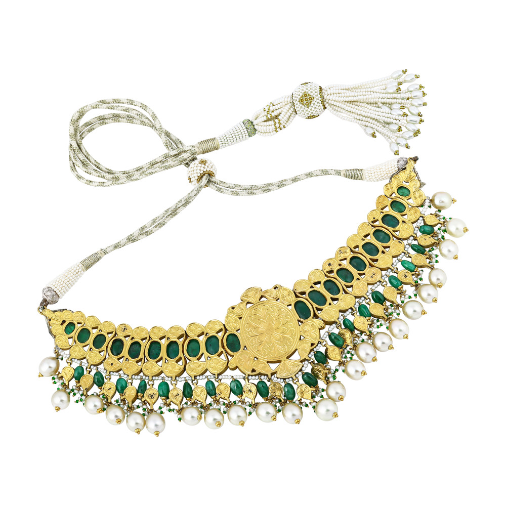 Red and Green Floral Cabochon Choker Set with Pearl Drops