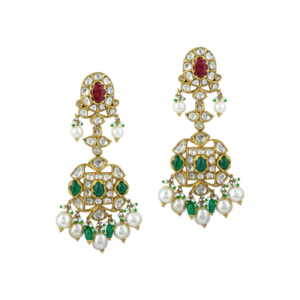 Red and Green Floral Cabochon Choker Set with Pearl Drops