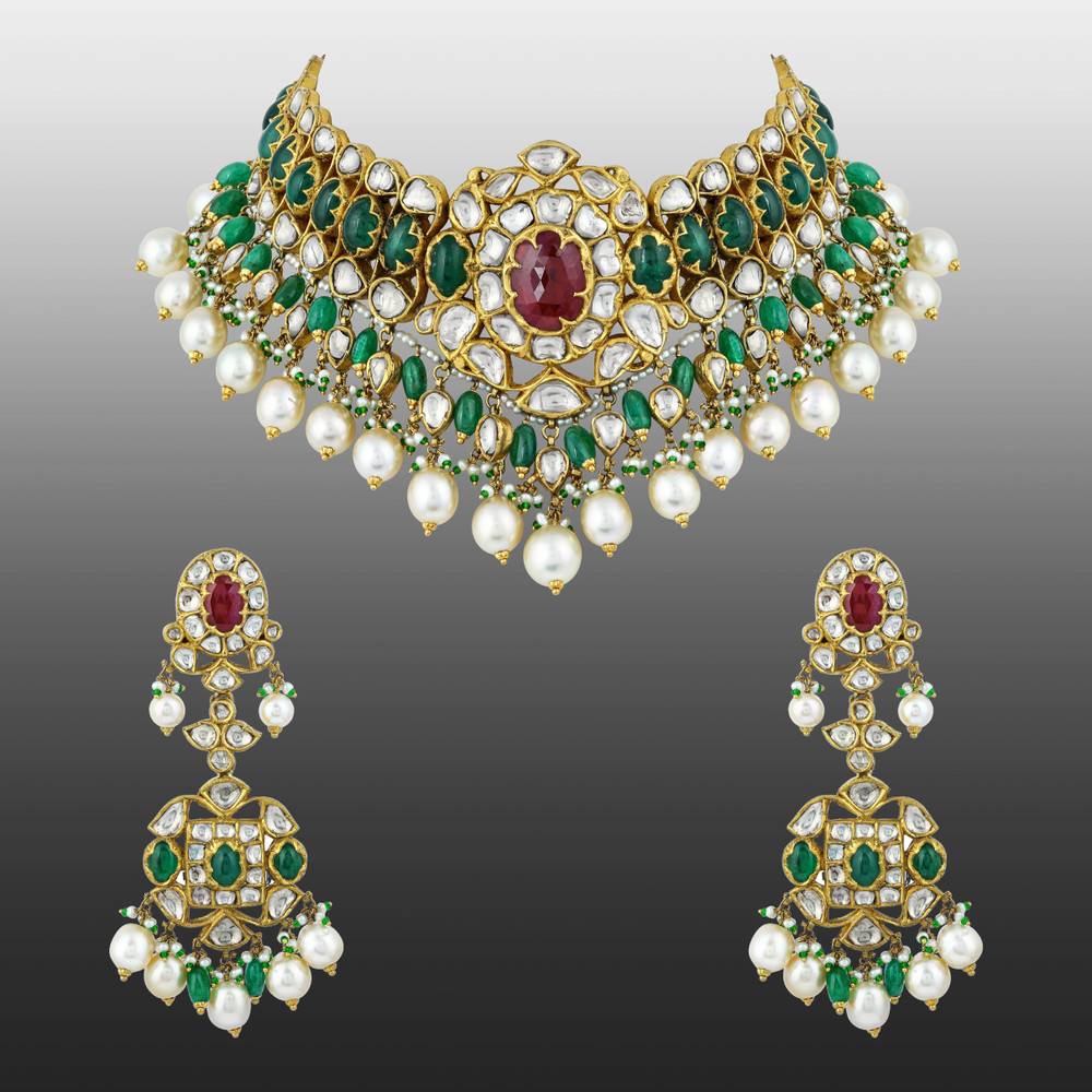 Red and Green Floral Cabochon Choker Set with Pearl Drops