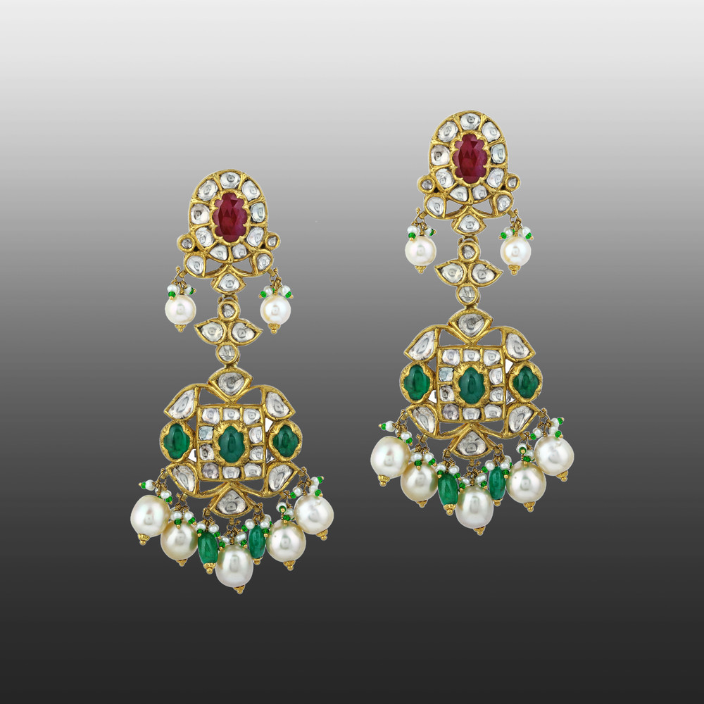 Red and Green Floral Cabochon Choker Set with Pearl Drops