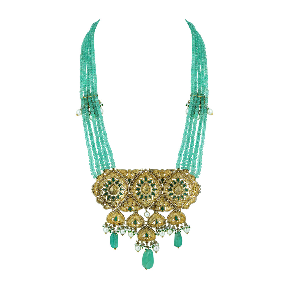 Pendant Necklace Set with Uncut Diamond Polki ,Green Tumble and Pearls