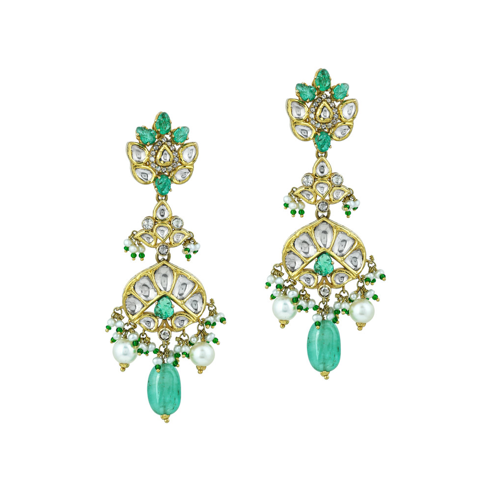 Pendant Necklace Set with Uncut Diamond Polki ,Green Tumble and Pearls