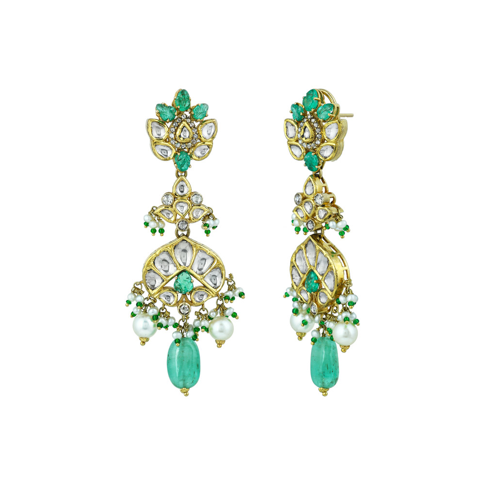 Pendant Necklace Set with Uncut Diamond Polki ,Green Tumble and Pearls