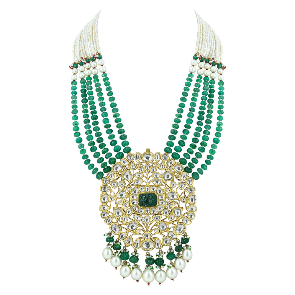 Emerald Melon Bead Necklace with Polki, Pearl Strands and Drops