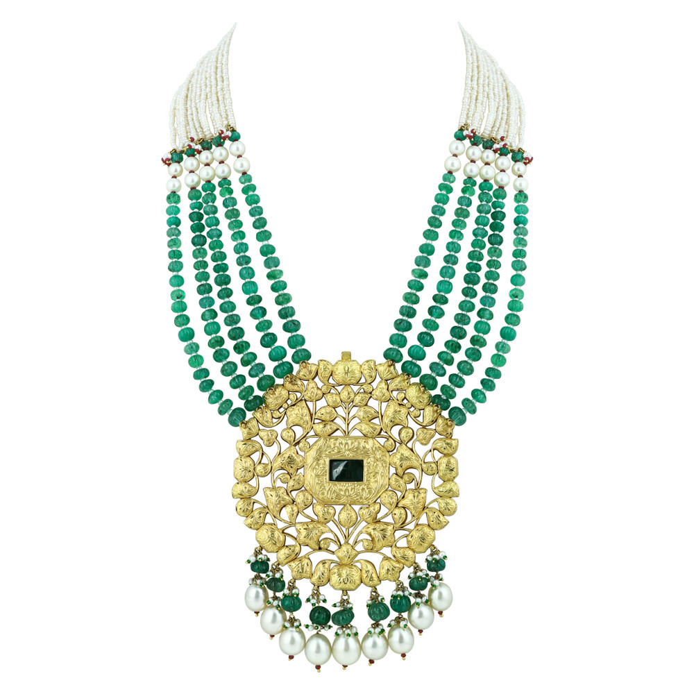 Emerald Melon Bead Necklace with Polki, Pearl Strands and Drops