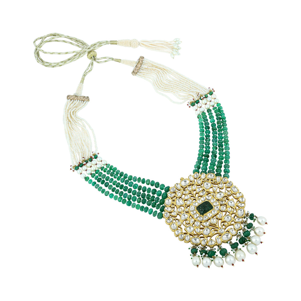 Emerald Melon Bead Necklace with Polki, Pearl Strands and Drops
