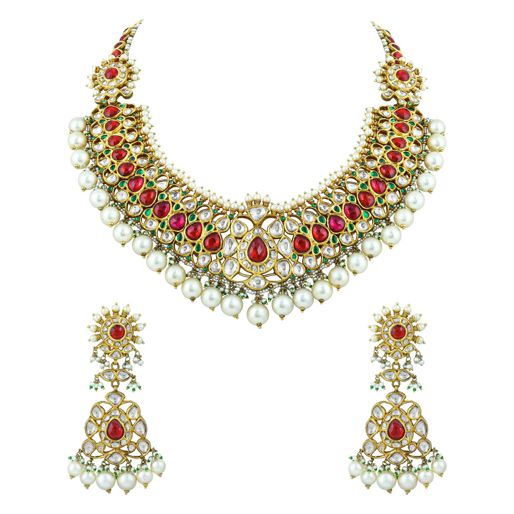 Red Stone Necklace Set with Polkis & Pearl Drops