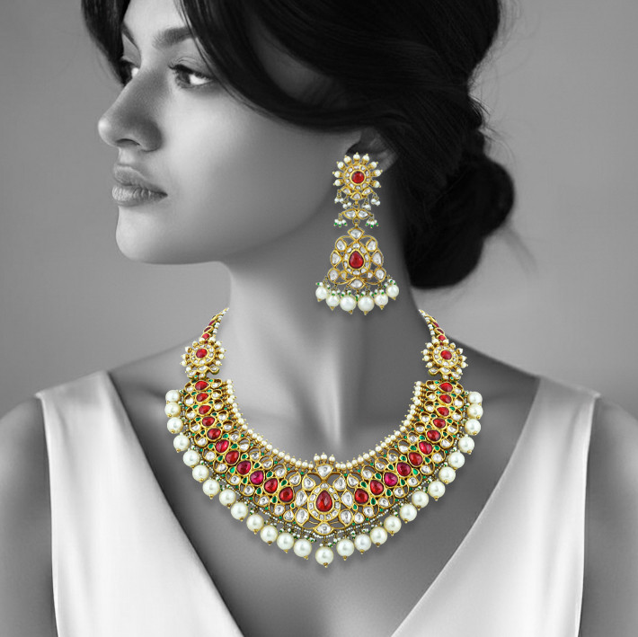 Red Stone Necklace Set with Polkis & Pearl Drops