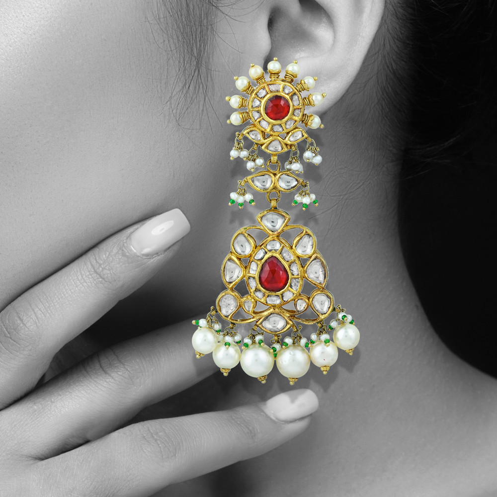 Red Stone Necklace Set with Polkis & Pearl Drops