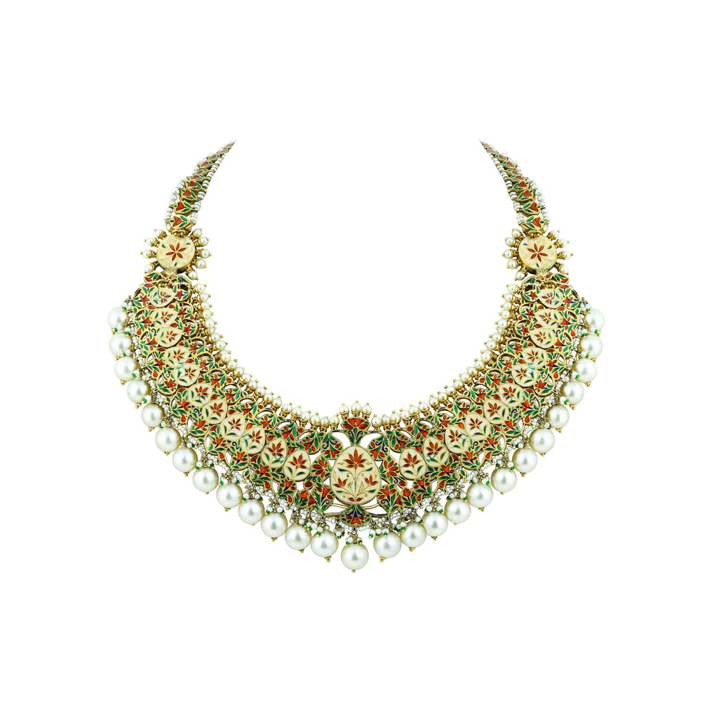 Red Stone Necklace Set with Polkis & Pearl Drops