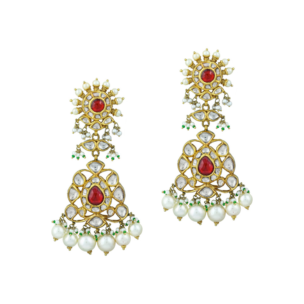 Red Stone Necklace Set with Polkis & Pearl Drops