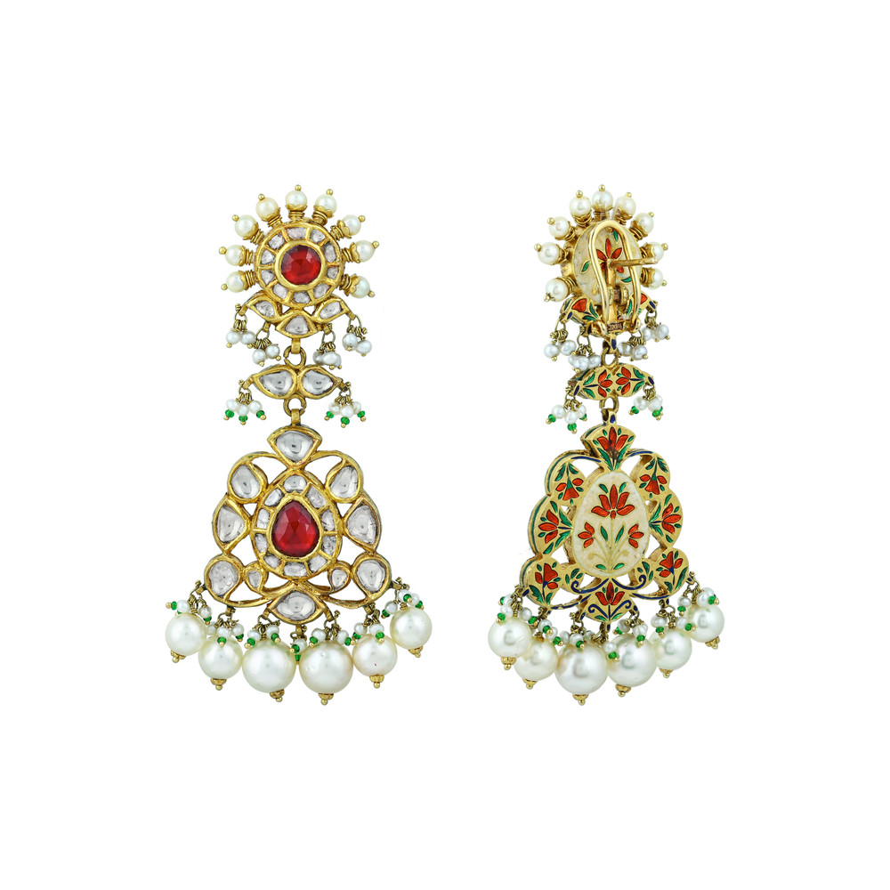 Red Stone Necklace Set with Polkis & Pearl Drops