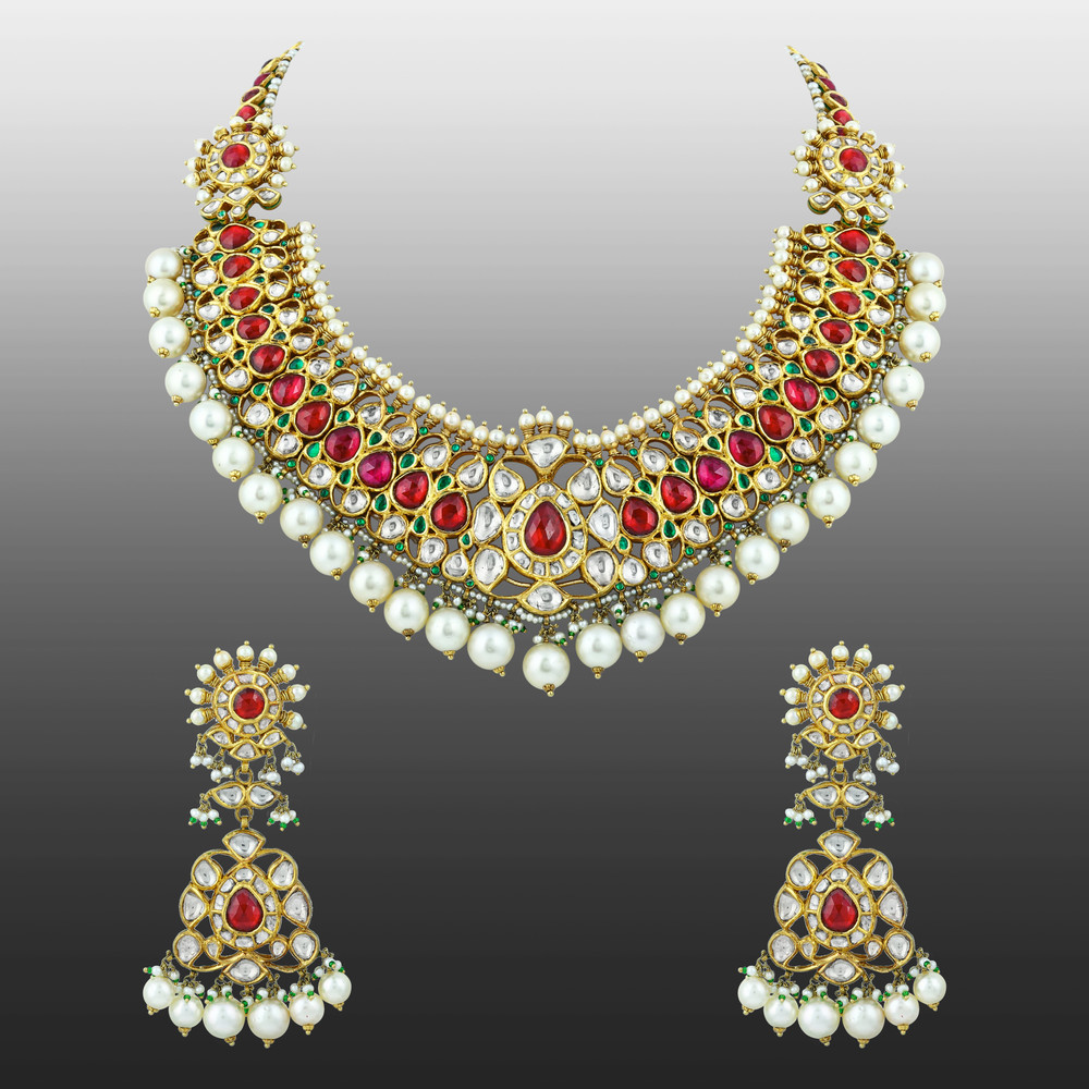 Red Stone Necklace Set with Polkis & Pearl Drops