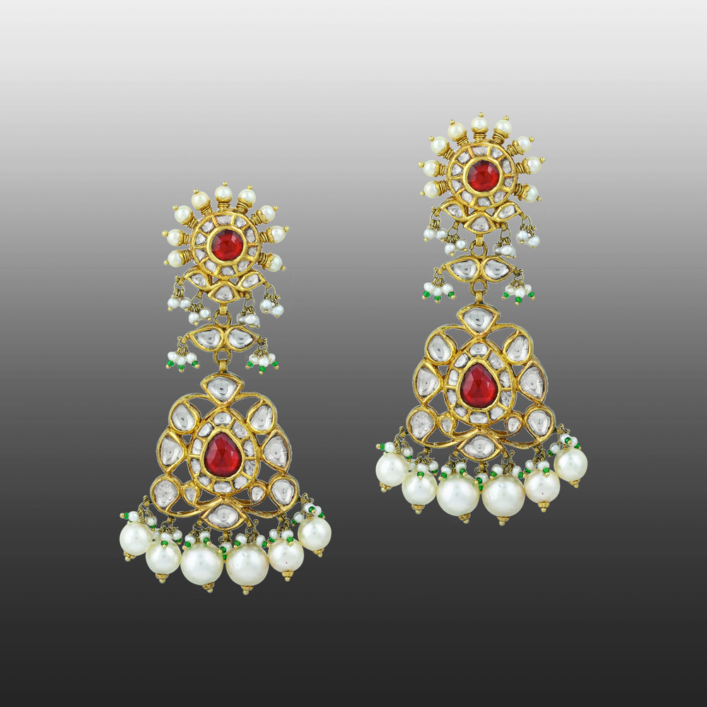 Red Stone Necklace Set with Polkis & Pearl Drops
