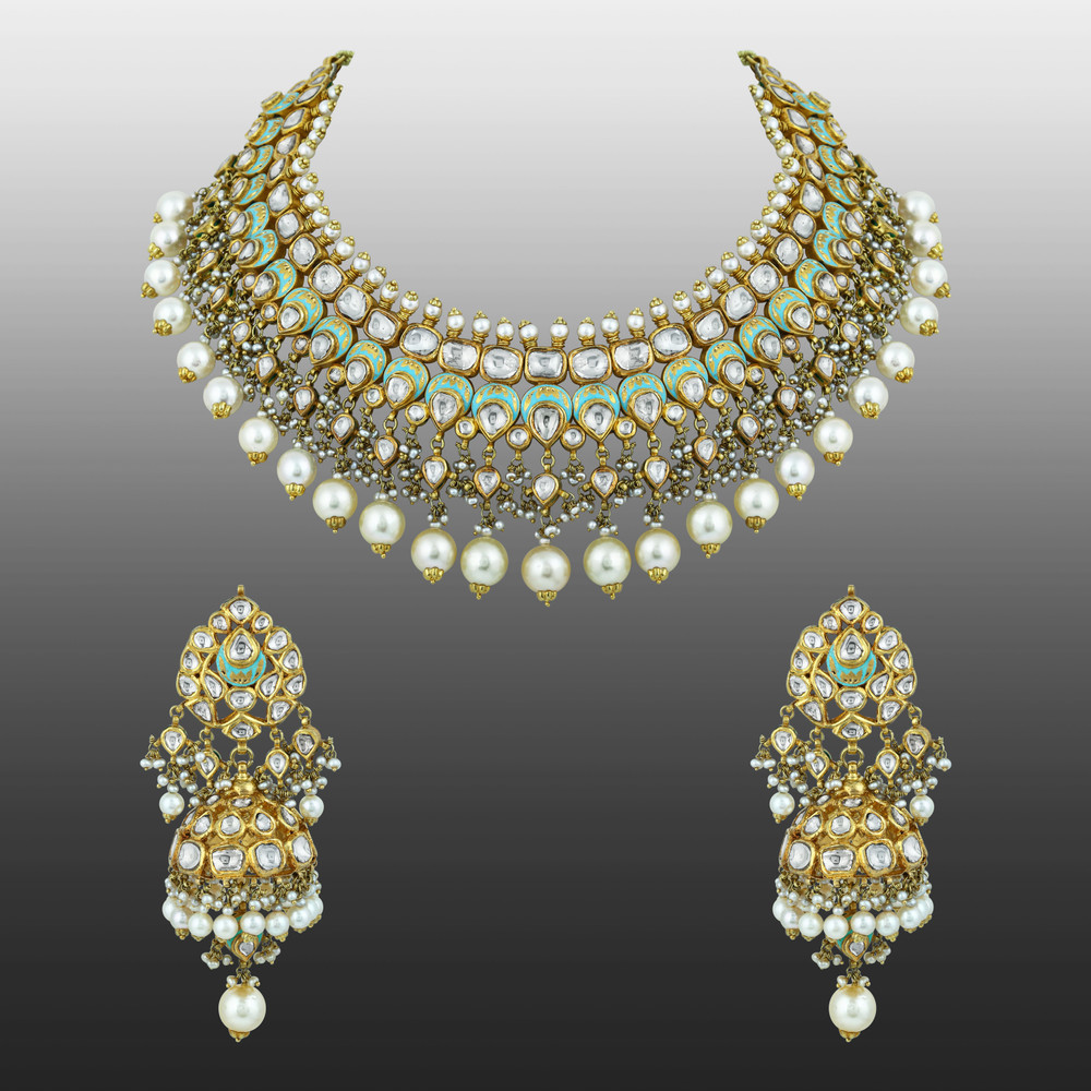 Mint Meenakari Necklace Set with Polki & Pearls