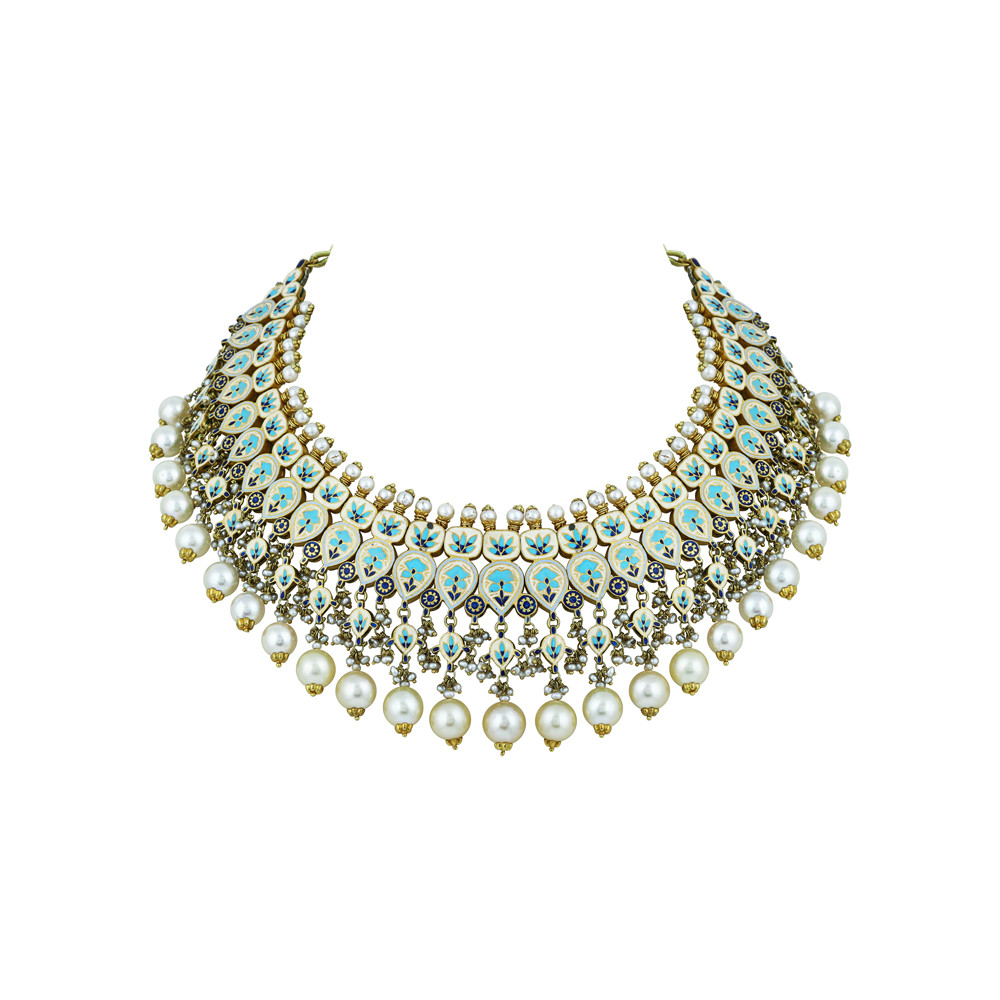 Mint Meenakari Necklace Set with Polki & Pearls