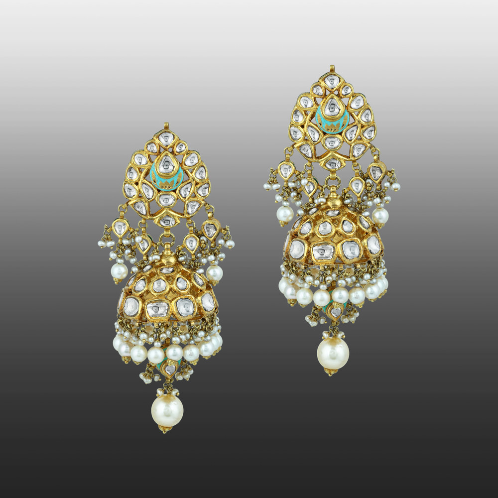 Mint Meenakari Necklace Set with Polki & Pearls