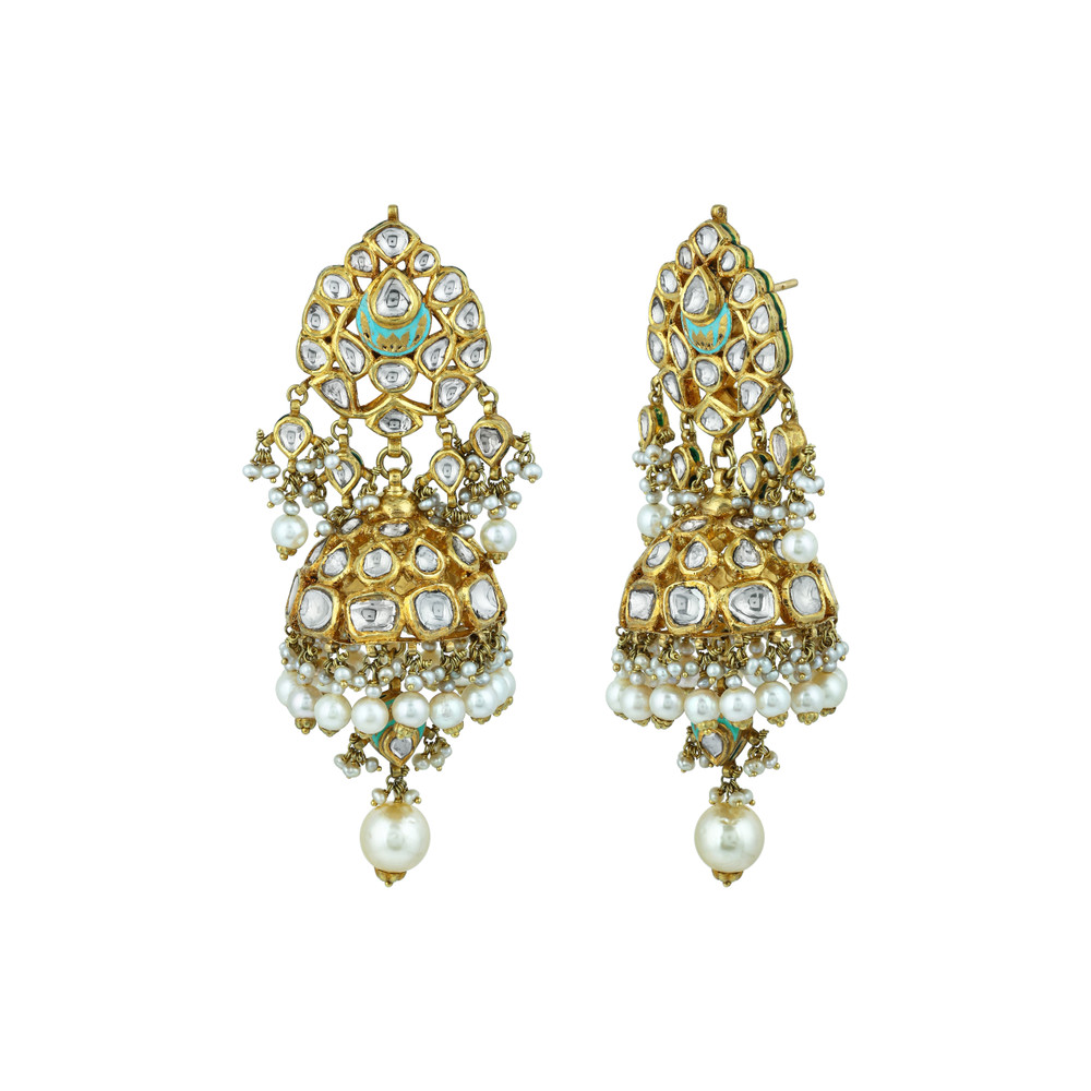 Mint Meenakari Necklace Set with Polki & Pearls